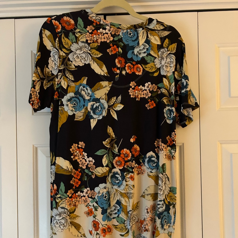 Johnny Was Black Floral Short Sleeve Tee with Blue, Orange and Cream Flowers